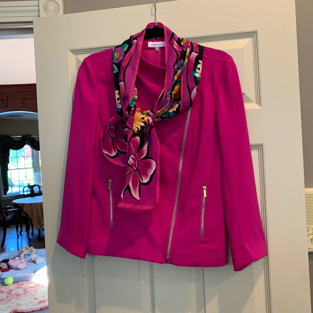 Calvin Klein Pink Moto Style Short Jacket /Scarf Set sz M - Picture 1 of 6